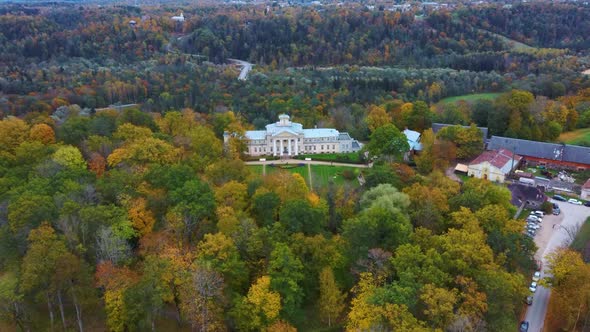 Aerial View of the Krimulda Palace in Gauja National Park Near Sigulda and Turaida, Latvia. 4K Video