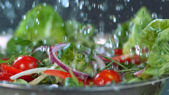 Water Falling to Fresh Salad in Super Slow Motion