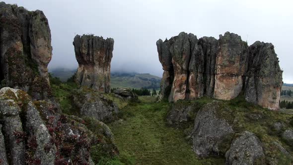 Los Frailones Rock Formations On The Green Plains At The Hill Of Cumbemayo In Cajamarca, Peru. aeria