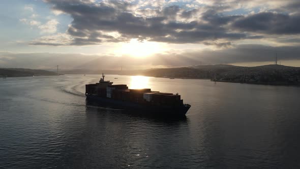 Cargo Ship in Bosphorus Istanbul Turkey at Sunrise