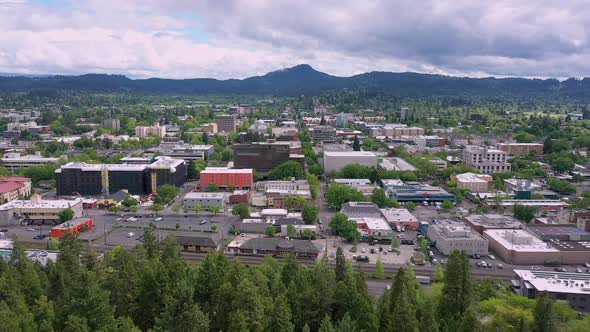 Flying over trees viewing Eugene Oregon