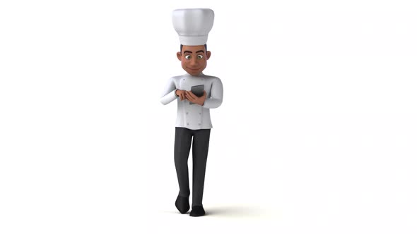 Fun 3D cartoon chef walking with a mobile phone