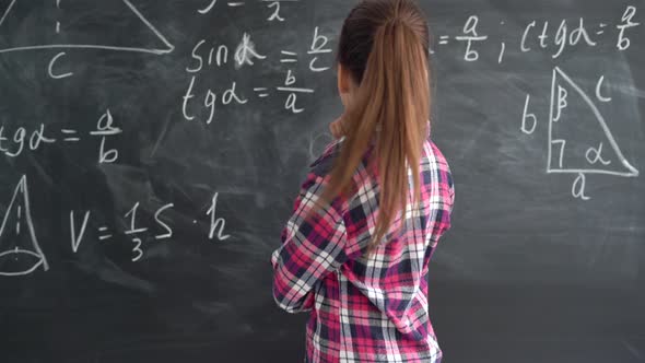 Caucasian Girl Schoolgirl in a Shirt Stands Against the Background of a Chalk Board with Formulas