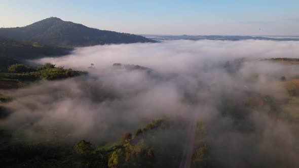 4K Aerial view of the misty sunrise in the forest. Tropical Rainforest in Thailand