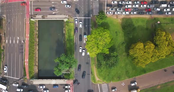 Drone Top View of Avenue with River on Middle Showing Traffic Jam in Brazil