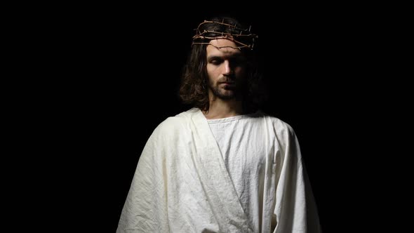 Jesus in Crown of Thorns and Robe Giving Hand, Asking for Belief and Kindness