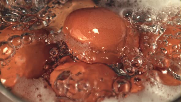 Super Slow Motion in Boiling Water with Air Bubbles Boiled Eggs