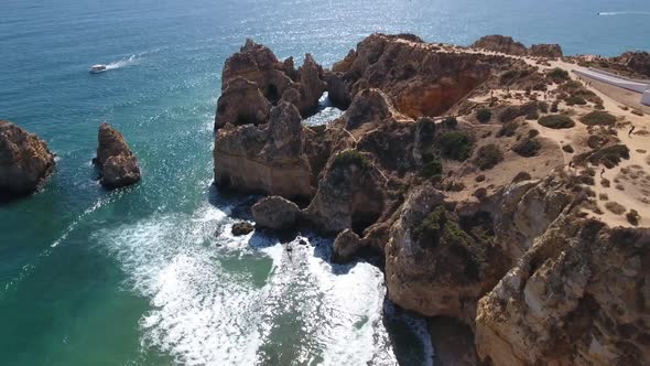 Aerial view of Ponta da Piedade rock formations in Lagos, Portugal