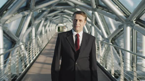 Successful Middle-Aged Business Man Standing At Glass Bridge