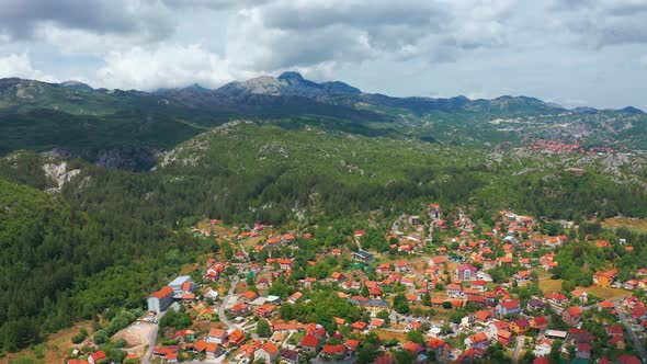 Aerial view on Panorama of Cetinje village in Montenegro Mountains