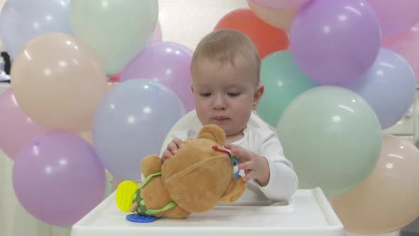 Happy Baby Boy Playing with a Toy at His First Birthday Party Oneyearold Child Against the