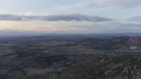 Drone aerial panorama view of Monsanto landscape at sunset, in Portugal