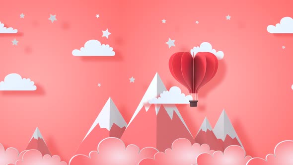 Animation Of Pink Color Origami Hot Air Balloon Flying On The Sky Above The Clouds And Mountains