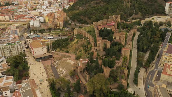 Aerial view of the fort on hilltop in Malaga, Spain.