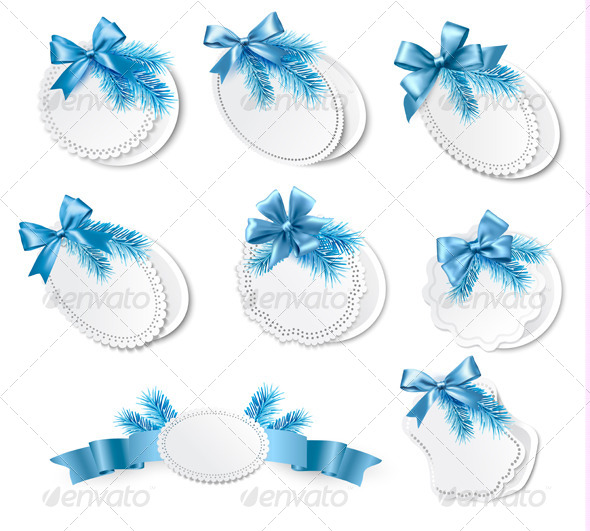 Set of Christmas Retro Labels with Blue Gift Bows