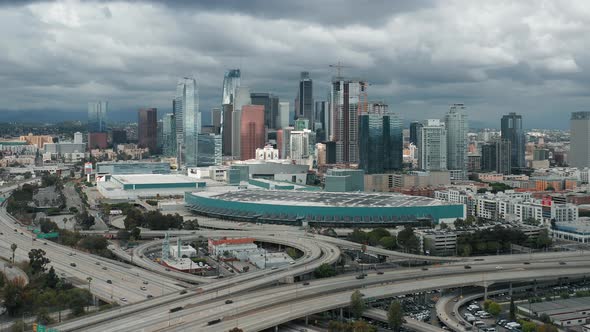 Scenic Downtown Los Angeles Aerial View. Busy Highway Overhead  Drone View