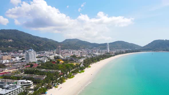 Aerial panoramic view landscape and cityscape view of Patong beach Phuket Thailand.