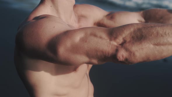 Close Up Video of Fitness Athletic Caucasian Man's Biceps Triceps Arms