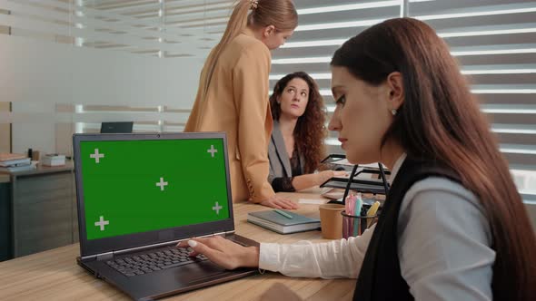 Businessman working on a laptop with green screen on background colleague discussing details.