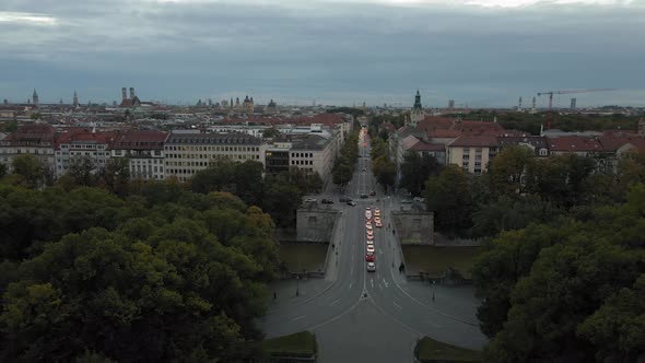 Aerial View of Munich Germany in Twilight, Bridge Traffic on Isar River and City View From Maximilia