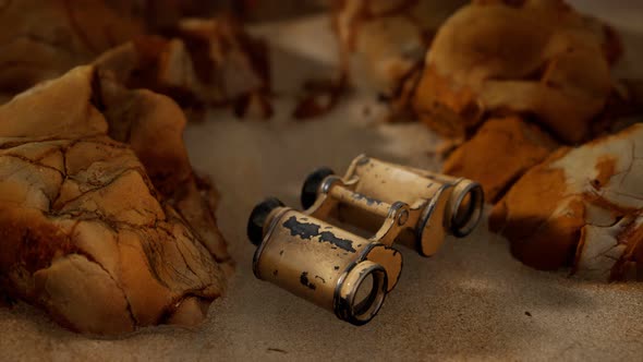 Old German Military Binoculars on the Sand Beach alt