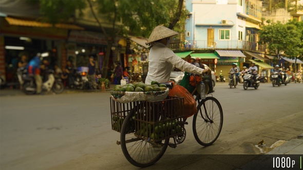 Vietnamese Woman Selling Fruit on a Bike in the Streets of Hanoi, Vietnam