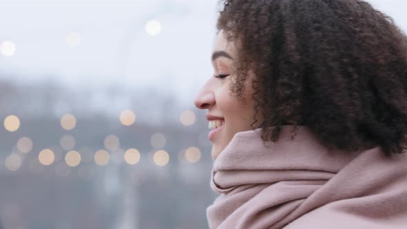 Closeup Beautiful Happy Woman Young African American Girl with Curly Hair Wears Pink Scarf Stands in
