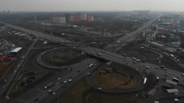 Top View of a Major Road in the City. Top View of the Road Junction. The Camera Flies Over the Road