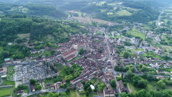 Village of Saint-Cyprien in Perigord in France seen from the sky