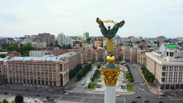 Aerial View of the Kyiv Ukraine Above Maidan Nezalezhnosti Independence Monument