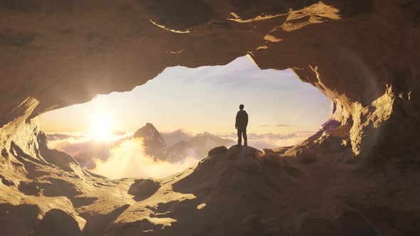 Adventurous Man Hiker Standing in a Cave with Rocky Mountains