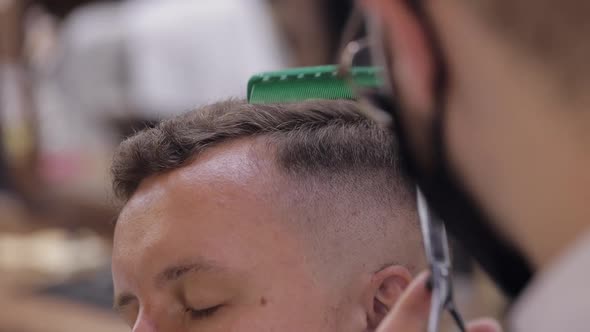 Barber Haircut Hair Using Scissors Barber Makes Haircut for Groom Customer at Barber Shop