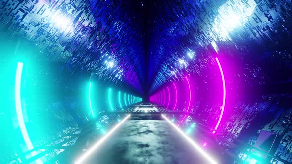 Futuristic moving tunnel with glowing lights. Infinite loop animation