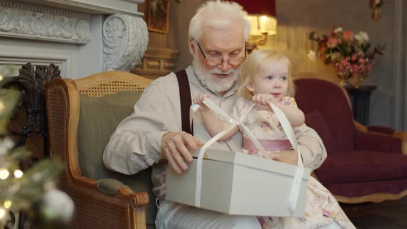 Little Girl Getting Toy from Grandfather on Christmas