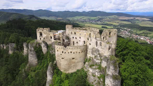 Aerial view of the castle in the village of Lietava in Slovakia