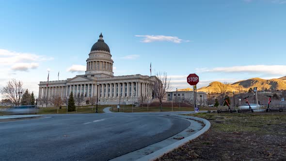 Salt Lake City capitol building with light morning traffic on a clear winter day - time lapse