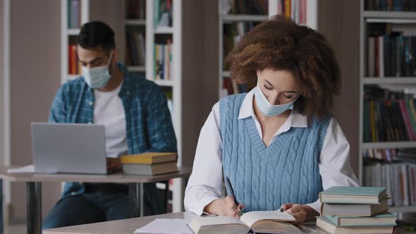 Students Study in Library in Protective Mask Comply with Quarantine Measures Young Clever Girl