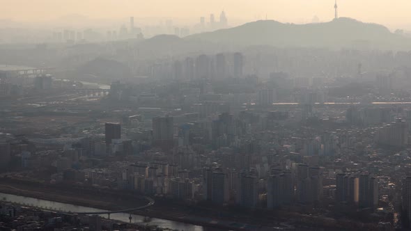 Timelapse Seoul City Silhouette in Grey Mist in Morning