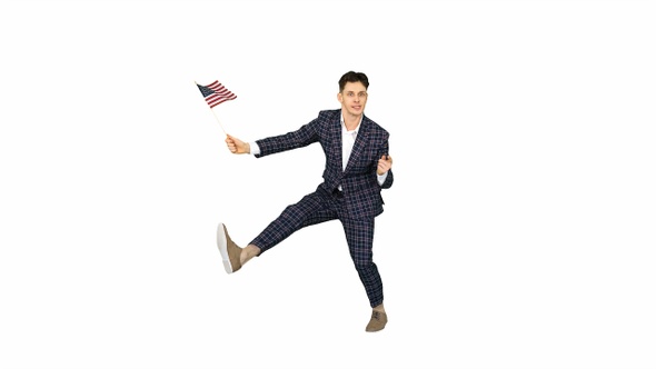 Cool man in suit does crazy dancing with American flag