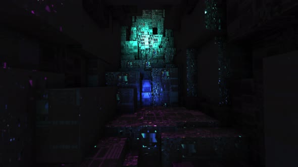 Flying inside of the virtual reality space in the digital geometry background alt