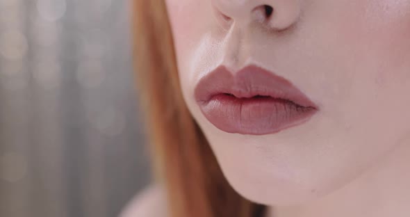 Closeup of Beautiful Young Female Model Lips with Nude Lipstick