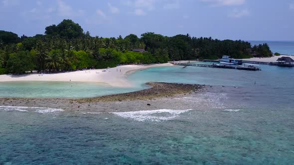 Warm landscape of exotic seashore beach by sea and sand background near palms