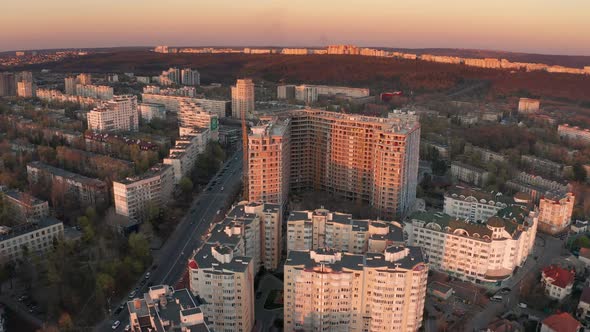 Establishing Aerial Shot of Chisinau Moldova at Sunset