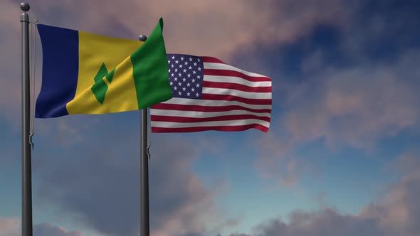 Saint Vincent Flag Waving Along With The National Flag Of The USA - 4K