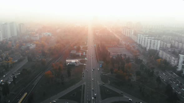 Aerial view of road junction in big city at sunset. Aerial highway junction, Colorcorrected