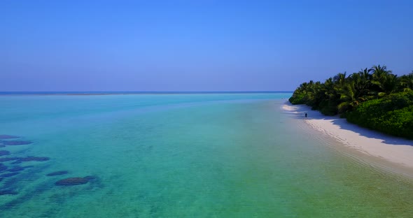 Wide angle birds eye copy space shot of a paradise sunny white sand beach and aqua turquoise water b