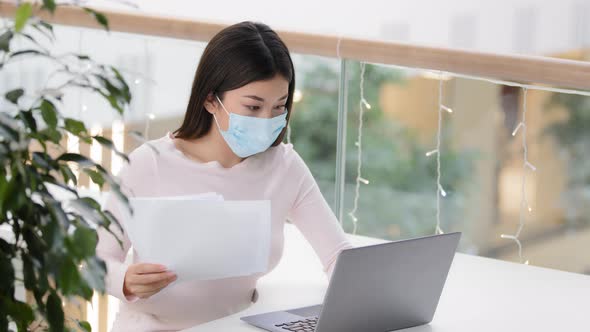 Asian Business Woman Freelancer Worker Wearing Face Medical Protective Mask at Workplace Working