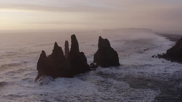 Drone Over Reynisdrangar Sea Stacks At Sunset