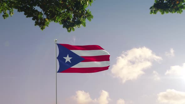 Puerto Rico Flag With  Modern City 