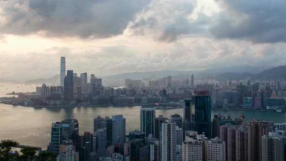 Hong Kong Urban Cityscape Aerial Skyline Panorama Timelapse at Day Pan Up